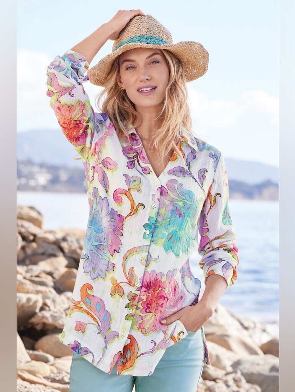 Soft Surroundings White Multicolor Floral Button-Down Shirt-Size;PM-100% Cotton